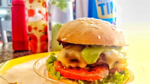 Close-up of burger on table