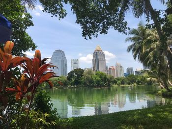 Reflection of buildings in lake