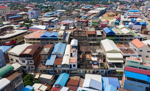 High angle view of buildings in city