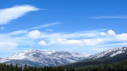 Scenic view of snow covered mountains against sky