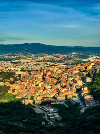 High angle shot of townscape against sky