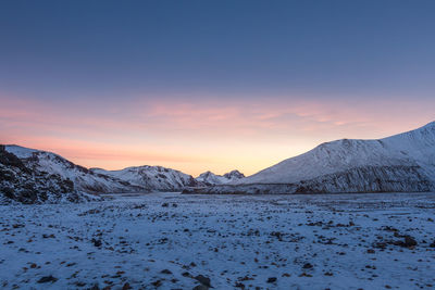 Scenic view of snow covered mountains against sky