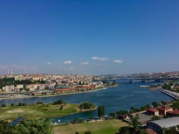 High angle view of city at waterfront