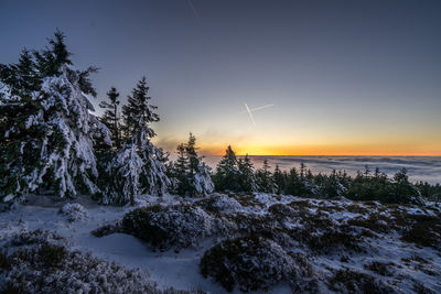 Scenic view of snow covered land against sky during sunset