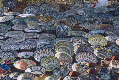 High angle view of colorful ceramics for sale