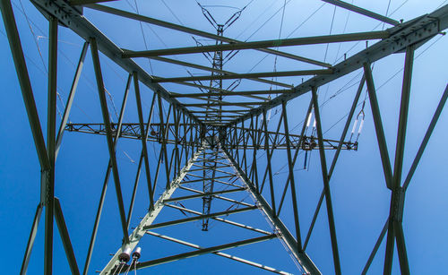 Low angle view of electricity pylon against clear sky