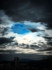 Low angle view of buildings against dramatic sky