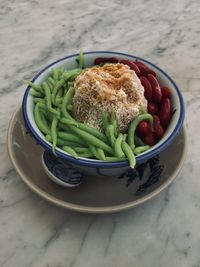 High angle view of salad in bowl on table