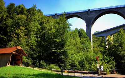 Arch bridge over river against sky