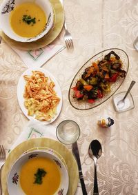 High angle view of breakfast served on table