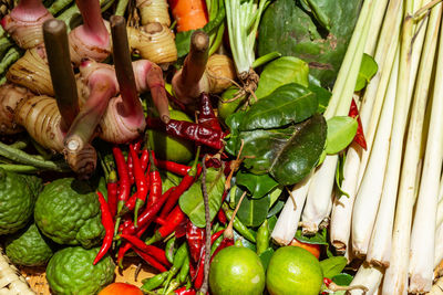 High angle view of chili peppers in market