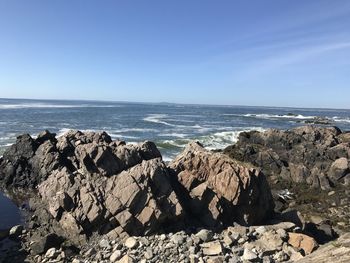 Scenic view of sea against clear blue sky