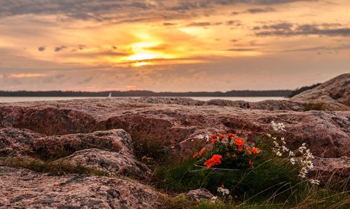 Scenic view of rocks on land against sky during sunset