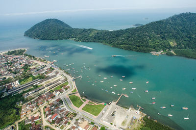 High angle view of bay against clear sky