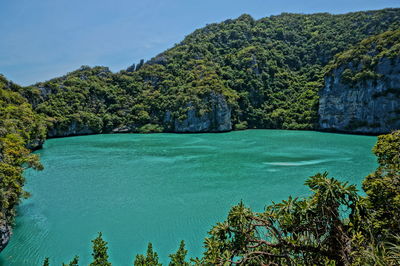 Scenic view of bay against sky