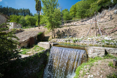 Scenic view of waterfall by trees against sky