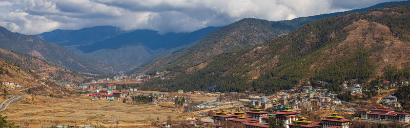 Aerial panorama view of the cityscape of bhutans capitol city thimphu