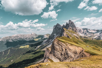 Panoramic view of the seceda, high mountain in the dolomites in south tyrol, italy.