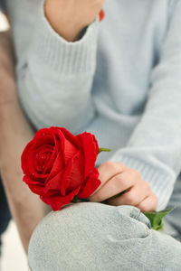 Young girl sitting on a chair holding a red rose in her hand.