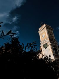 Low angle view of trees and building against sky at night