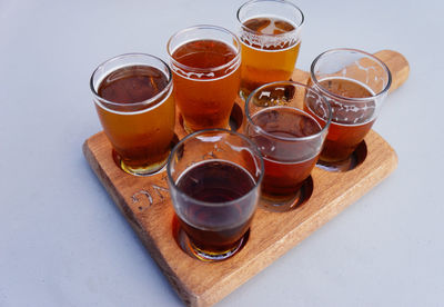 Close-up high angle view of glasses on table