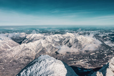 Mountain panorama from the viewing platform on the zugspitze. german and austrian ski areas.