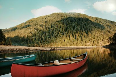 Kayaks moored in lake against tree mountain