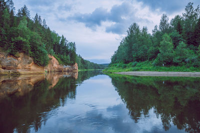 Scenic view of lake by trees against sky