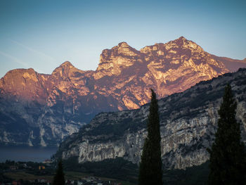 Scenic view of mountains against sky during sunset