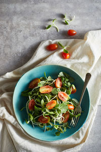 Directly above shot of salad in plate on table