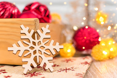 Close-up of christmas decorations on table