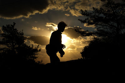 Silhouette man standing by tree against sky during sunset