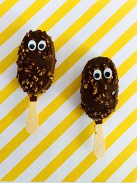Chocolate covered ice cream bars with goggly eyes