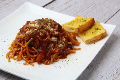 High angle view of food served in plate