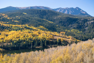 Scenic view of mountains against blue sky