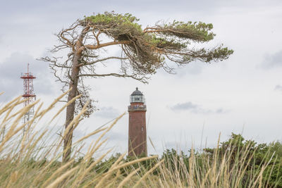 German lighthouse with slate pine and dry grass against a cloudy sky.