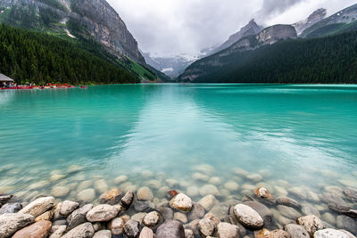 Scenic view of lake and mountains against sky