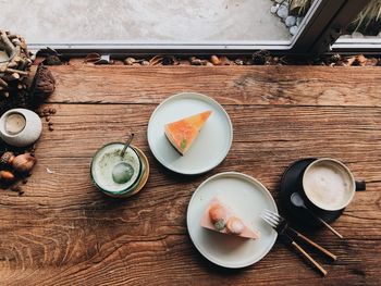High angle view of breakfast served on table