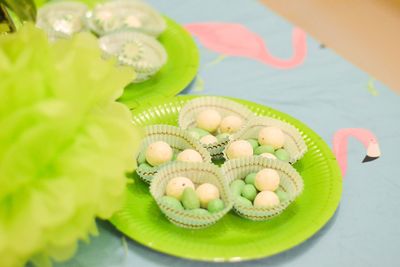 High angle view of cupcakes on table