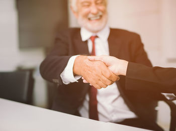 Cropped image of person doing handshake with senior businessman