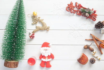 High angle view of christmas decoration on table