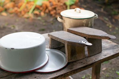 High angle view of coffee cup on table