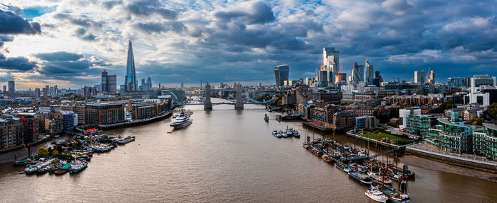 Aerial panoramic sunset view of london tower bridge and the river thames
