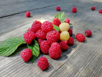 High angle view of strawberries on table