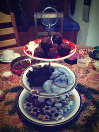 High angle view of cake in plate on table