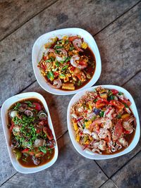 High angle view of food served on table