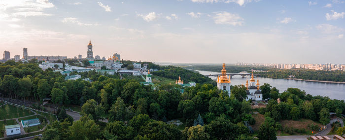 Magical aerial view of the kiev pechersk lavra near the motherland monument.