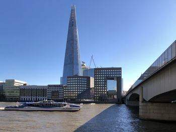 View of buildings in city against clear sky