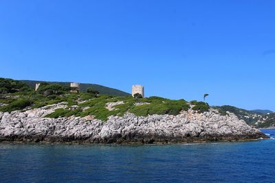 Scenic view of sea against clear blue sky