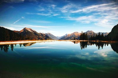 Scenic view of lake and mountains against sky